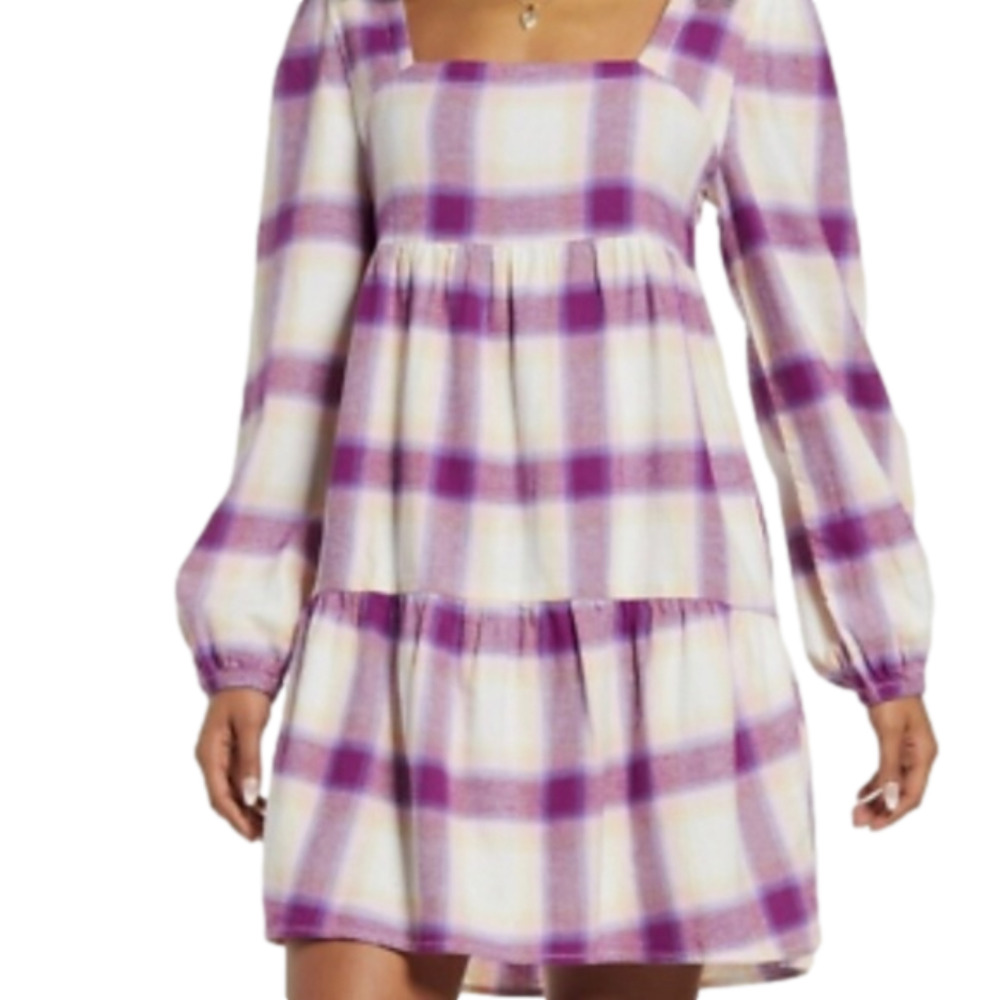 Bp. Nordstrom NWT S Ivory Purple Plaid Long Sleeve Mini Dress (Oversized)